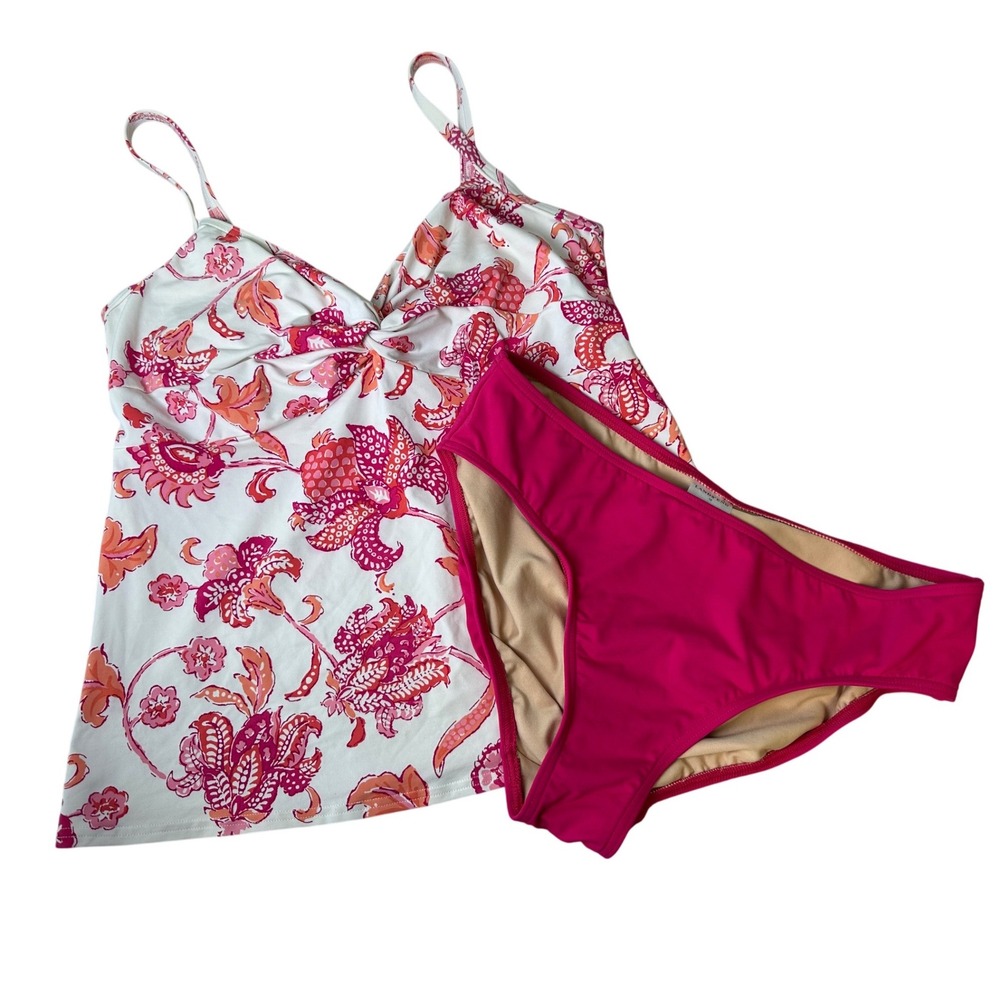 Lands End 2Pc Swimsuit Women's Sz 12 Floral Pink Tankini Top Bikini Bottom Set